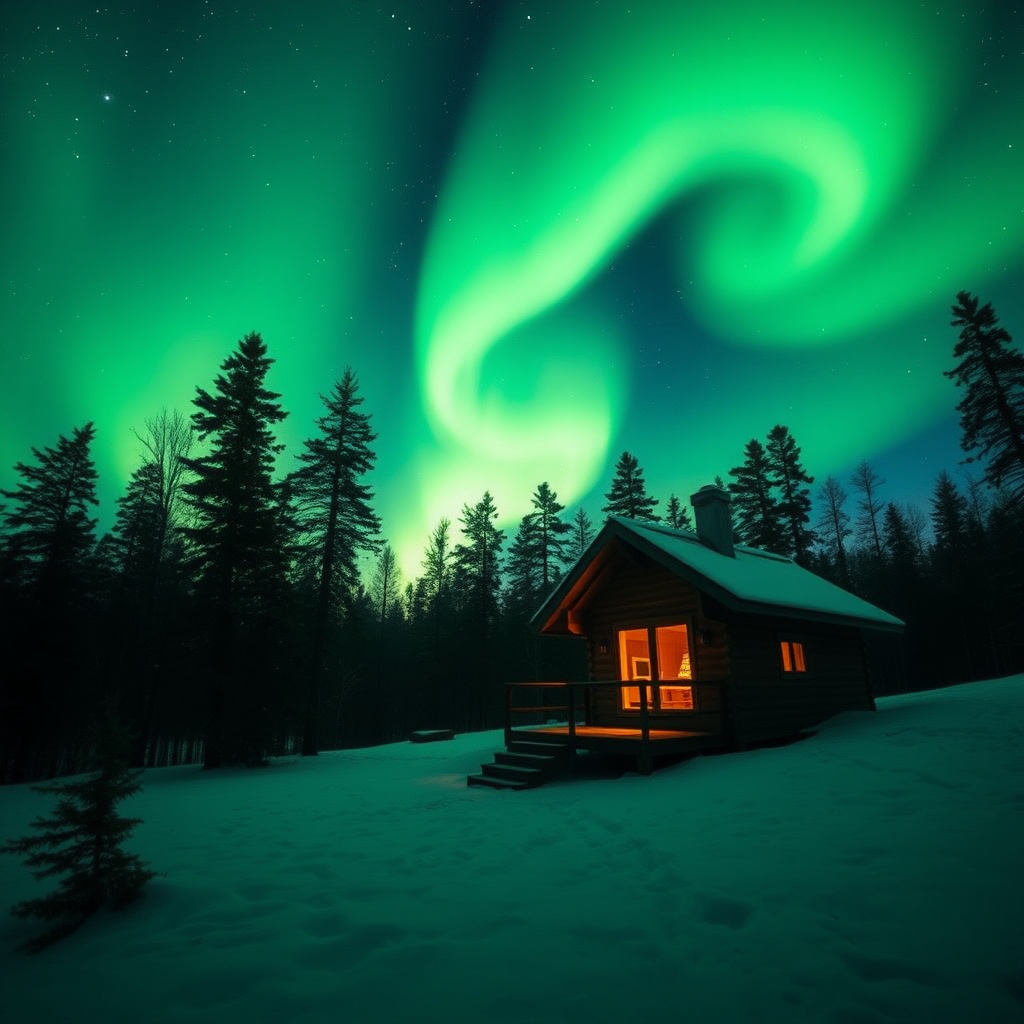 Green aurora dancing over cabin