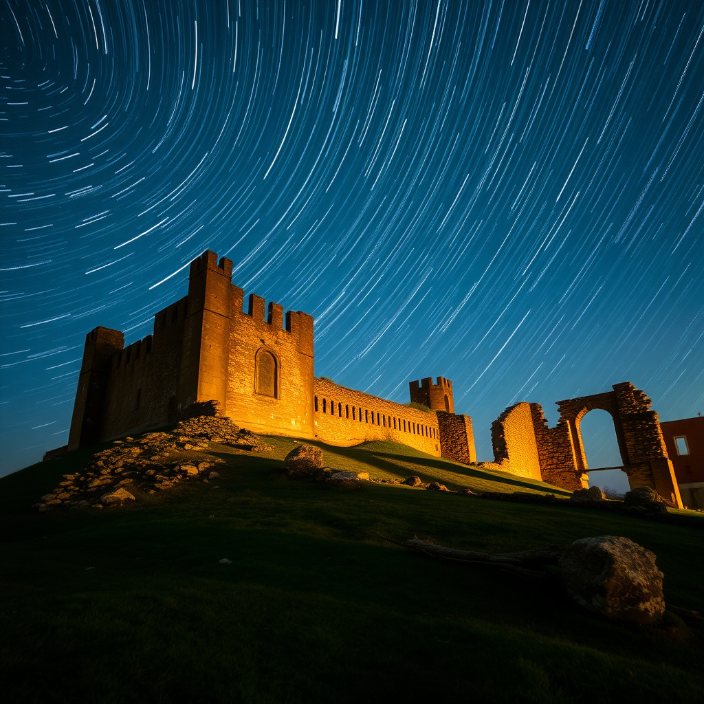 Dreamy star trails over ancient castle ruins